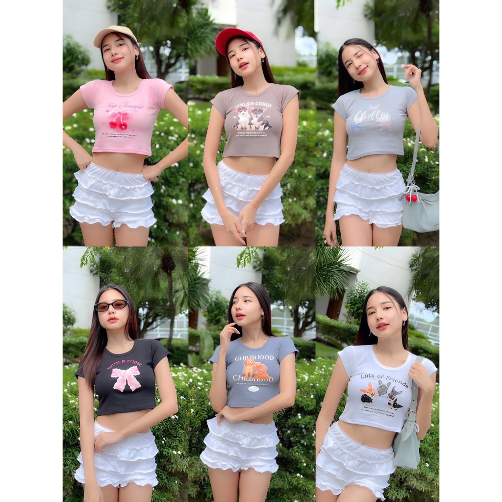 ลายเข้าใหม่! เสื้อครอปรัดรูป สกรีนลายน่ารักมากก