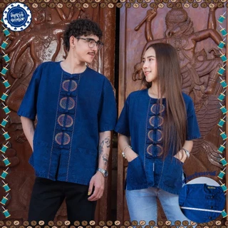 (จันทร์ดีหม้อห้อม) เสื้อหม้อห้อมคอกลมแขนสั้นปักลาย (4ลายปัก)