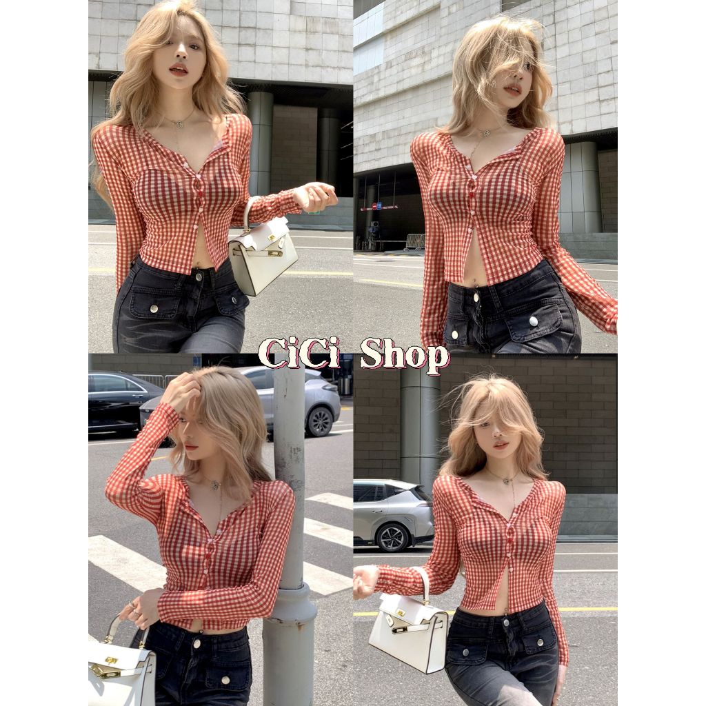 Cicishop(H93335) เสื้อซีทรูแขนยาวลายตาราง กระดุมหัวใจใช้งานได้จริง สไตล์สาวแซ่บ