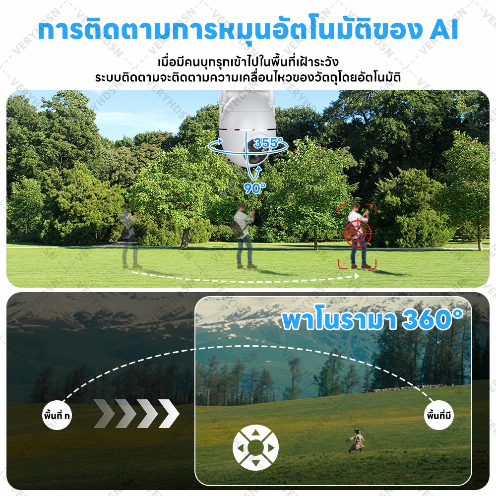 V360 Pro Solar CCTV / กล้องวงจรปิดโซล่าเซลล์ 4G / ติดตามมือถือ 4K HD 360° PTZ / มองเห็นกลางคืนสี
