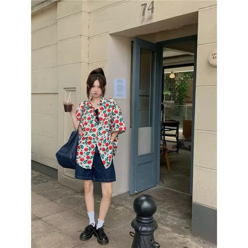 เสื้อเชิ้ตฮาวายแขนสั้นลายดอกกุหลาบ สไตล์เกาหลี thumbnail 6