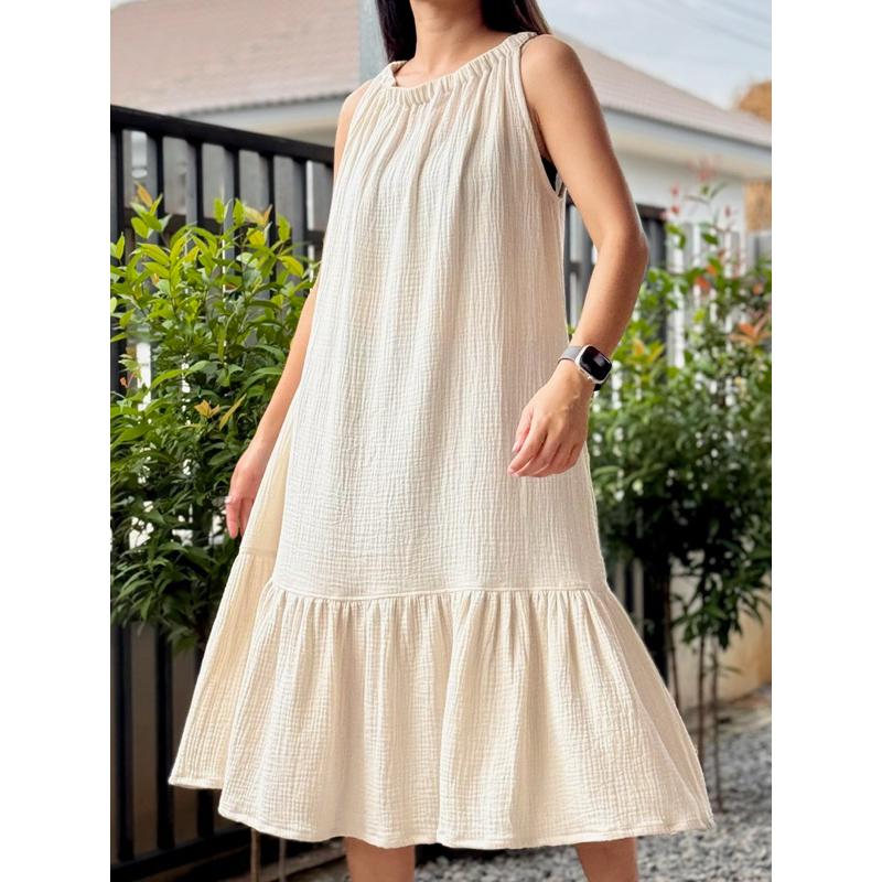 มินิเดรส คอยางยืด มีระบาย Cotton Dress | Double Gauze dress |Ruffled hem Double Gauze dress