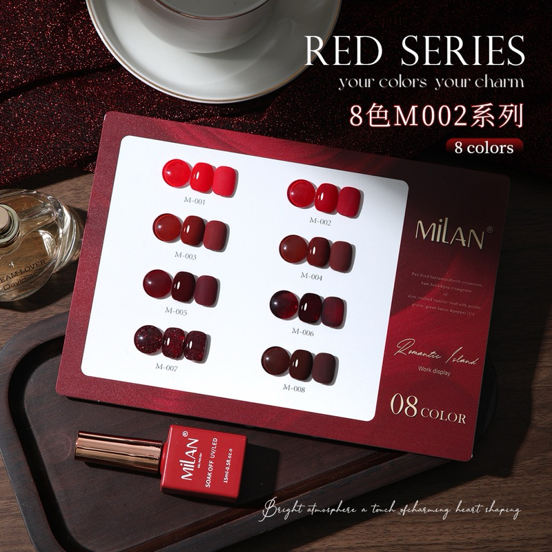 รอของ สีเจลทาเล็บ milan โทนสีแดง 8 สี แถม ชาร์ทสี (รุ่นM002)