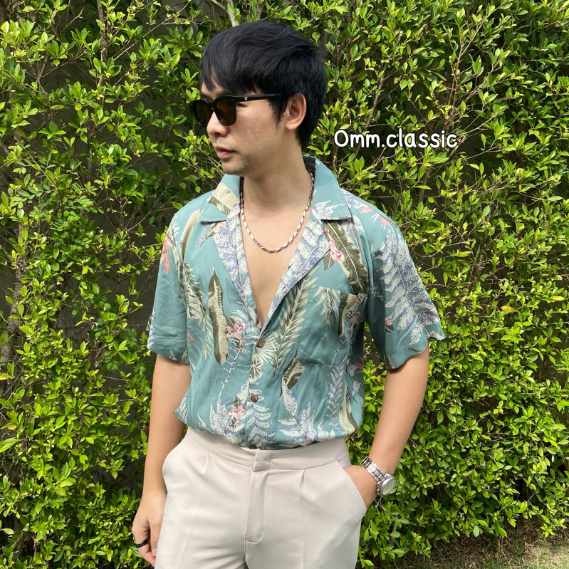 เสื้อฮาวายผ้านิ่ม(สปันเรยอน)ลายใบเขียวพาสเทล