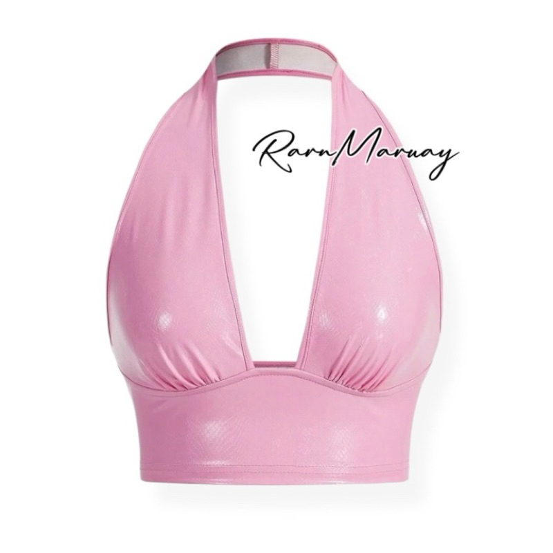 (พร้อมส่ง) เสื้อคล้องคอ หนังPU สีชมพูบาร์บี้ เปิดด้านหลัง R0012