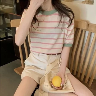 Bentoy（9513)เสื้อยืดไหมพรม แขนสั้น คอกลม สไตล์ เกาหลี ลุคคุณหนู สุดน่ารัก