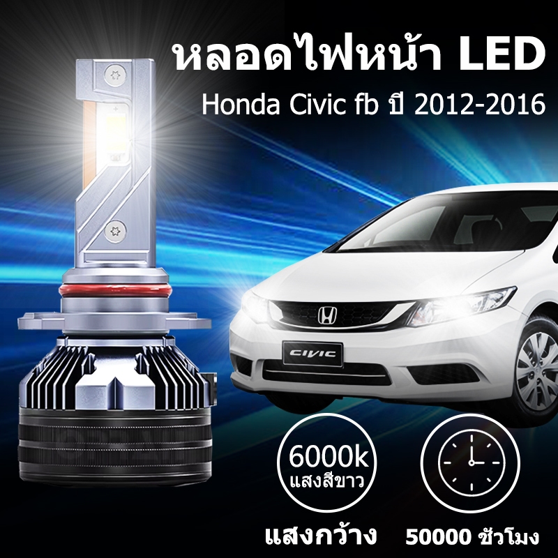 หลอดไฟหน้า LED ขั้วตรงรุ่น Honda Civic fb ปี 2012-2016 แสงขาว มีพัดลมในตัว ราคาต่อ 1 คู่ พร้อมส่ง