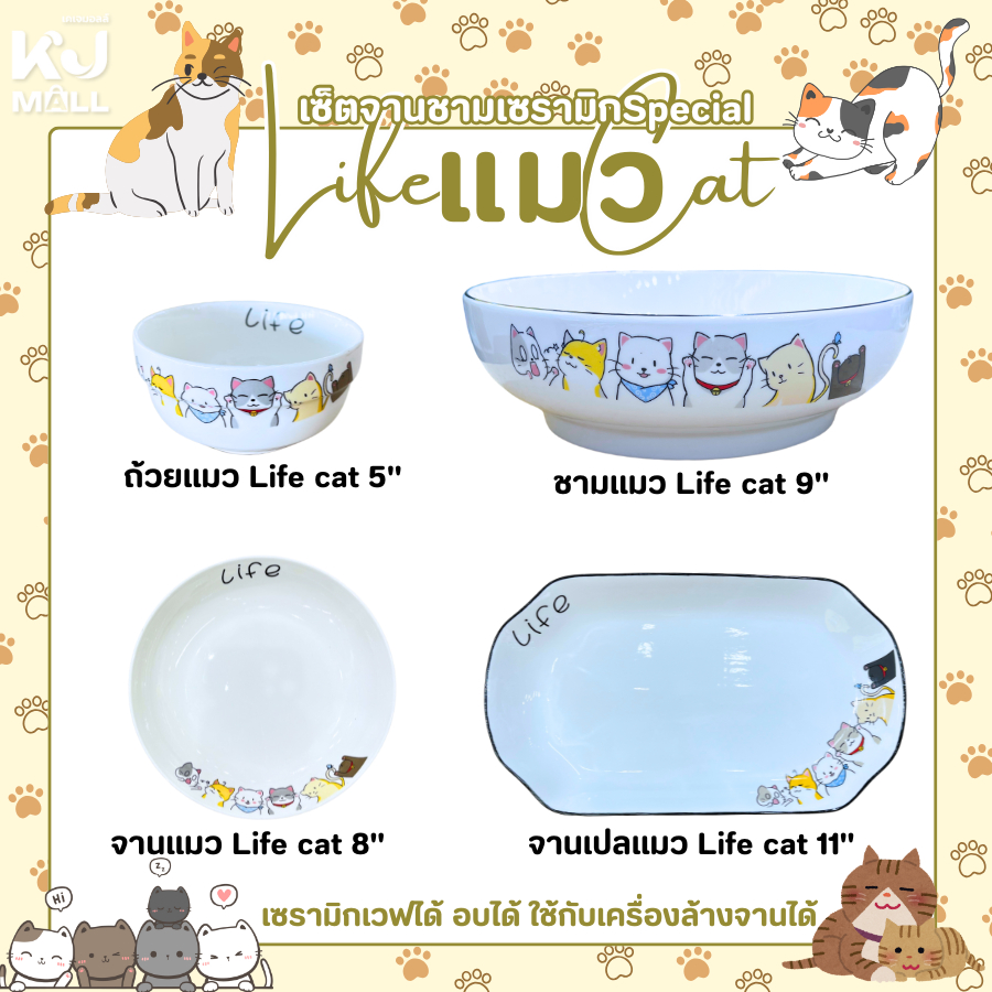 (NEW)เซ็ตถ้วยชาม Special แมว Life cat เซรามิกพรีเมี่ยม ลายสวย คมชัด สไตล์คาเฟ่ เวฟได้ อบได้ KJL-3