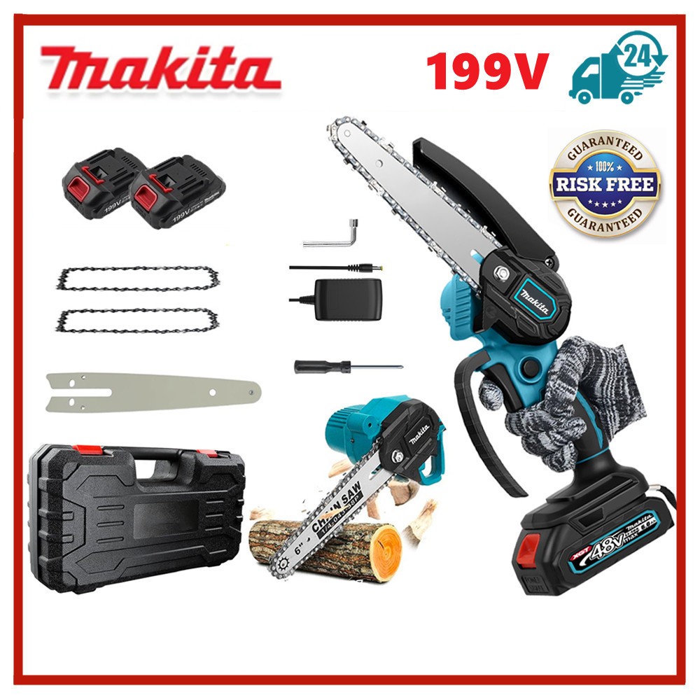 Makita 8inch เลื่อยไฟฟ้า +2 ก้อนแบตเตอรี่ 199V มือถือเลื่อยไฟฟ้า เลื่อยโซ่ เครื่องมือตัด Chainsaw