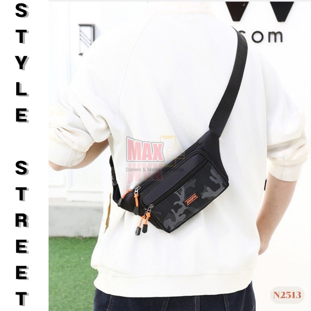 MAX กระเป๋าคาดอกสไตล์สตรีท รุ่น N2513 คาดเอว สะพายข้าง ลายพลางทหาร ซิปแฟชั่น เนื้อผ้าไนล่อน สายปรับระดับได้ 4 ช่องใช้งาน
