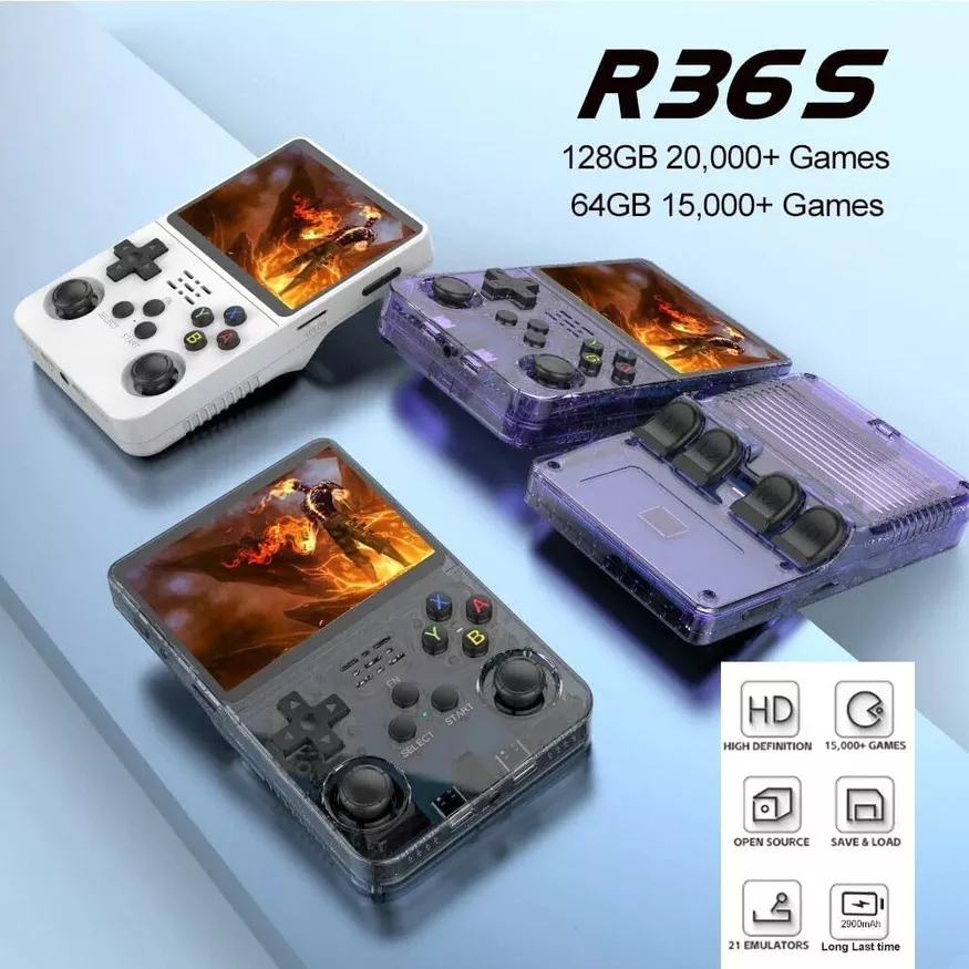 R36s Retro เกมพกพาระบบ Linux จอ IPS 35 นิ้วรองรับ 64GB128G แบตอึดเปิดแหล่งเกมคลาสสิกเหมาะเดินทาง