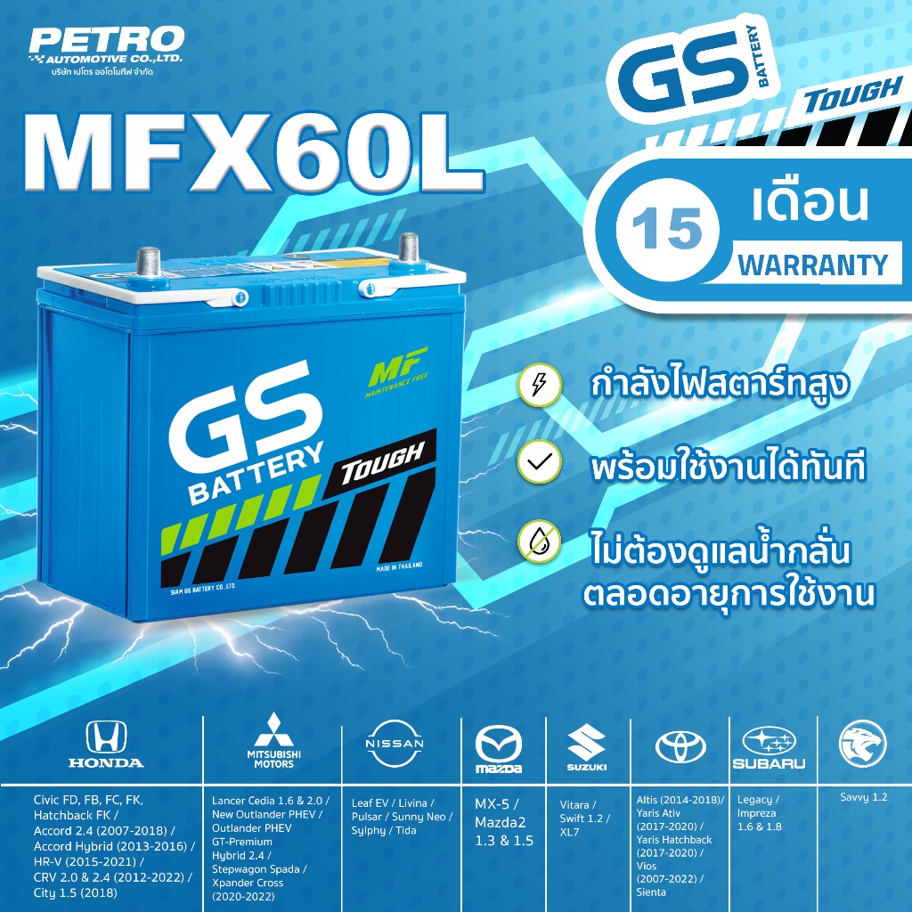 GS Battery MFX-60L แบตเตอรี่รถเก๋ง 50Ah พร้อมใช้ ไม่ต้องเติมน้ำ ไม่ต้องชาร์จ