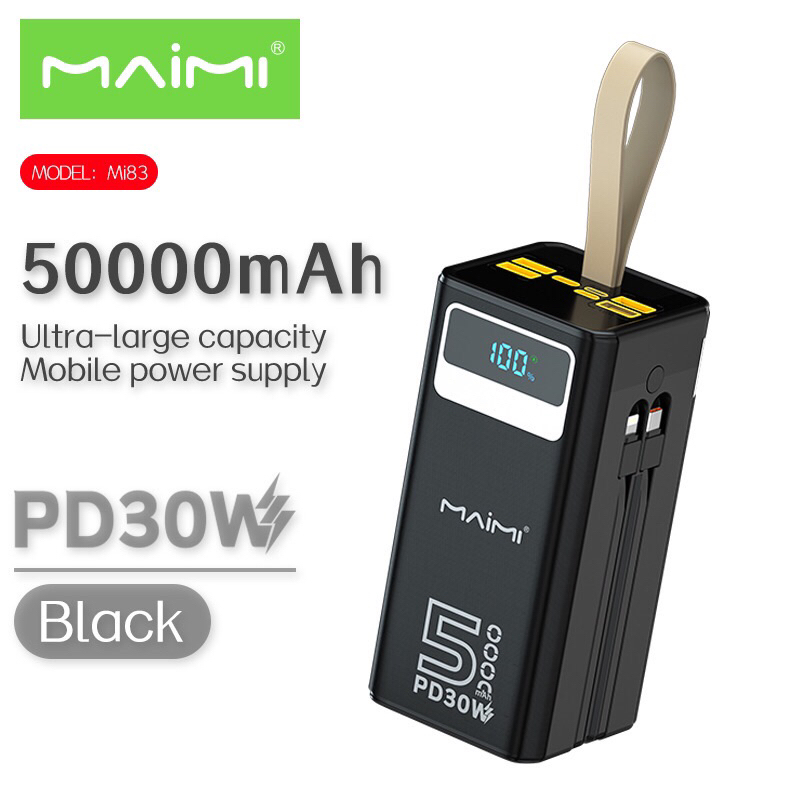 Maimiรุ่น Mi83 power bankมีสายชาร์จในตัว (Type C/ไอโฟน)แบต50000mah (ออก4USB )ชาร์จเร็วPD30W มีจอแสดง