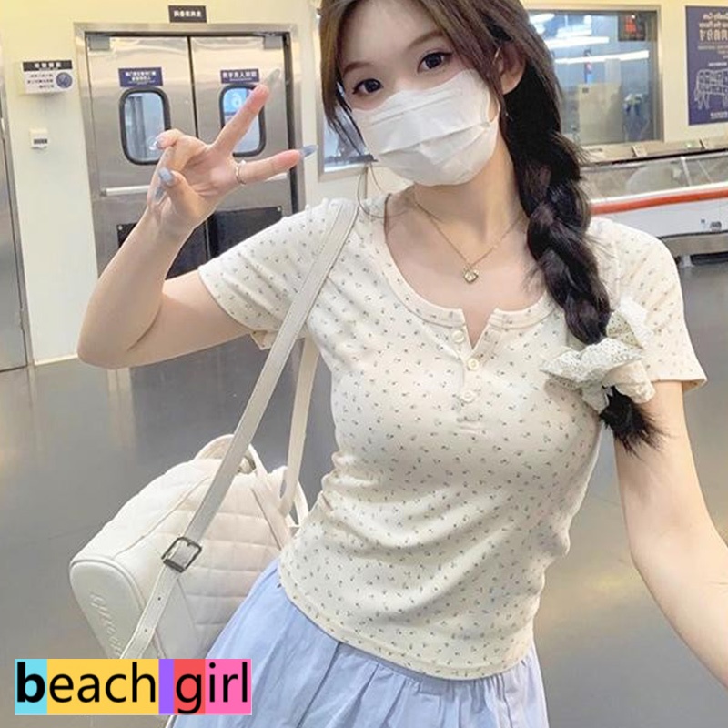 👙beachgirl👙ลายดอกไม้ เสื้อยืดแขนสั้น ครอบตัดด้านบน สไตล์หวานๆ มีจำหน่ายในรูปแบบสายเอี๊ยม ผ้าใส่สบาย