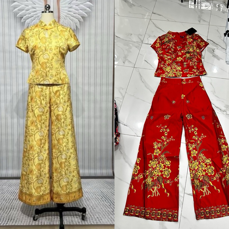 ( หน้าผ้าเล็ก1นิ้ว s,l,xl,4xl) ชุดกี่เพ้า เสื้อคอจีน+กางเกงขายาว งานสวยมากๆ งานป้าย chalita