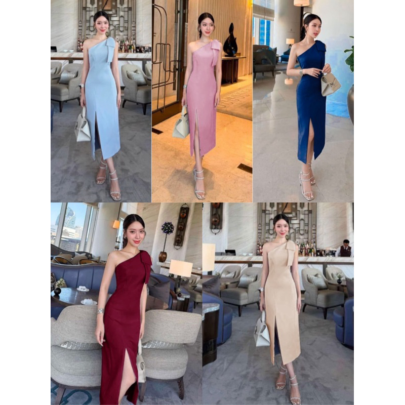 ชุดเดรสราตรี ใส่ออกงาน S/M/L ไหล่เดียวผูกโบว์ ทรงเก๋ กระโปรงผ่าแหวกหน้า สุดปัง