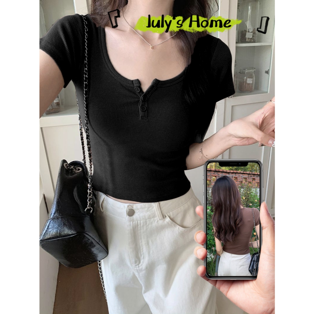 เสื้อเเขนสั้นผู้หญิง เสื้อยืดผู้หญิง เนื้อผ้านุ่ม กระดุมเเกะได้ เเมทช์ง่าย#J2280