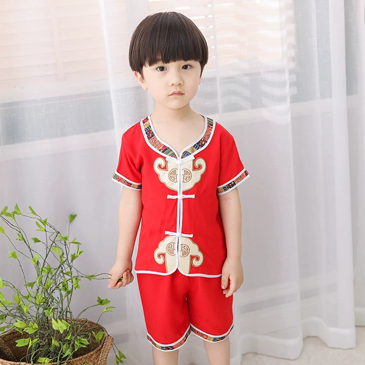 Babyonline(Y307)H2 พร้อมส่ง ชุดตรุษจีน ชุดอาตี๋ แขนสั้นกางเกงขาสั้นสำหรับเด็กผู้ชายลายมังกรแดง มีกระดุมหน้า ผ้าฝ้าย