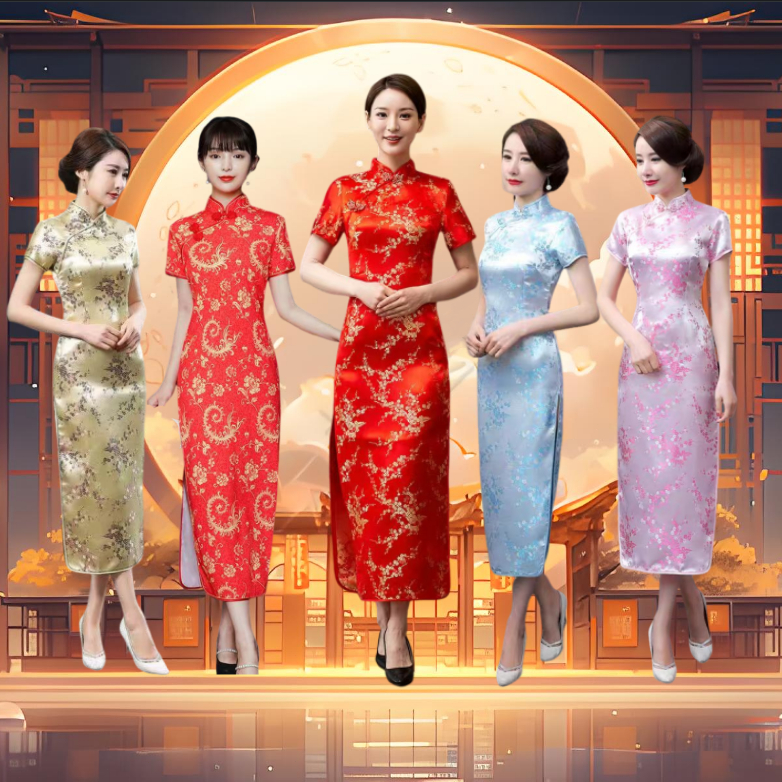 Veewink พร้อมส่งจากกทม ชุดกี่เพ้าปัก ตรุษจีน ผ่าหน้า ผ้าไหมจีน ปักลาย ชุดจีน งานดี