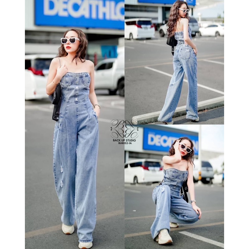 จั้มสูทเกาะอกยีนส์ ขากระบอก แต่งขาดเซอร์ สุดฮิต