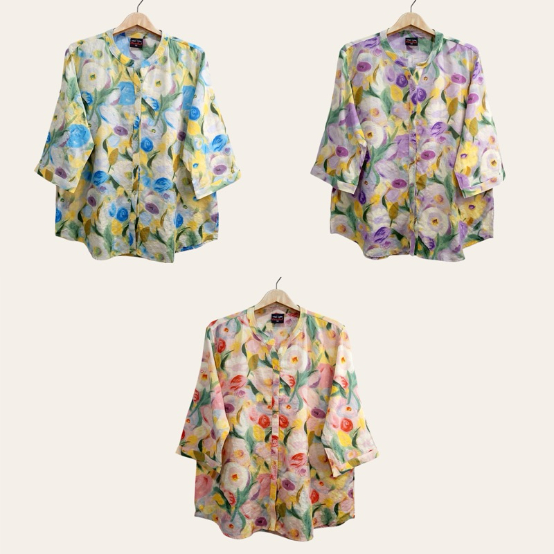 (อก 46”) เสื้อคอกลม เเขนสามส่วน ผ่าหน้า ลายดอก ผ้าลินินผสมฝ้าย ใส่สบาย