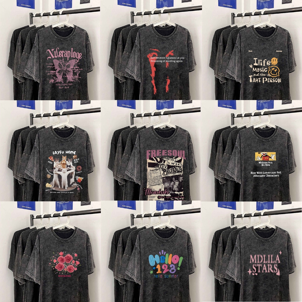 เสื้อยืดฟอกวินเทจผู้หญิงและผู้ชาย ผ้าคอตตอน 100% oversize เสื้อผ้าแฟชั่นสกรีนลายเท่ และอเมริกา เรโทร ลายคู่รัก ฮิปฮอป