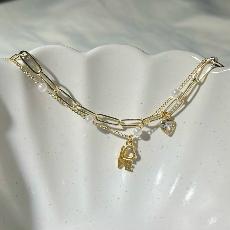 Love bracelet double chains - สร้อยข้อมือจี้ Love และหัวใจคริสตัล