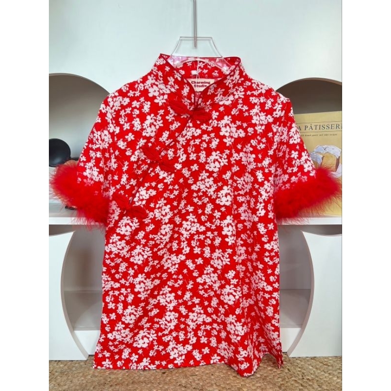 เสื้อตรุษจีน แขนสั้น ระบายขนนก อก 38