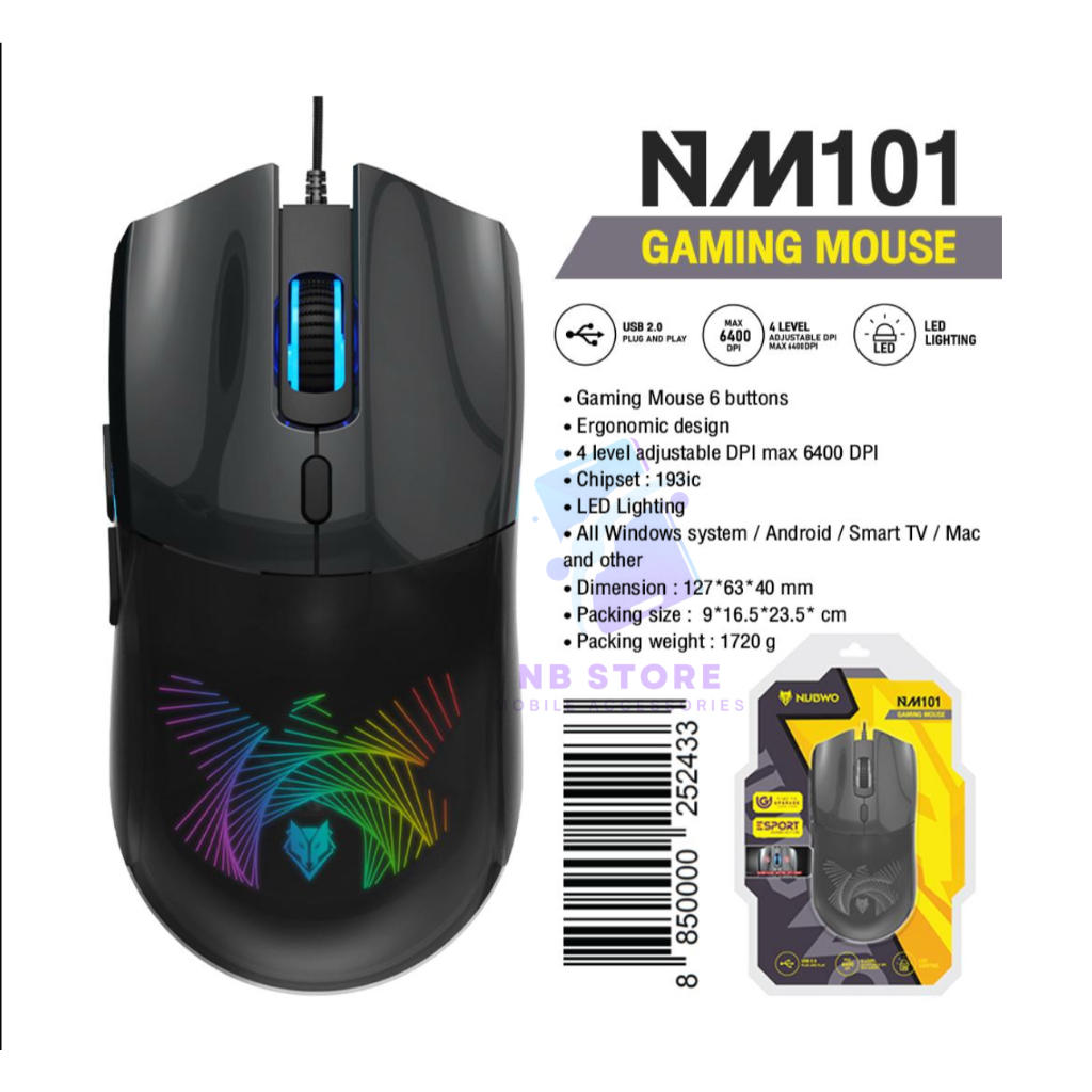 Gaming NUBWO NM101 Mouse 6 Buttons 6400 DPI ระบบไฟ LED LIGHTING สีดำ