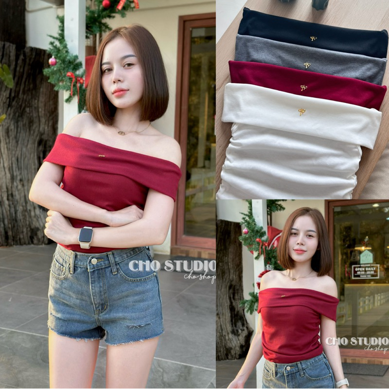 ♦️DOODEE2♦️เสื้อปาดไหล่+จี้โบว์ ผ้าร่องเล็ก
