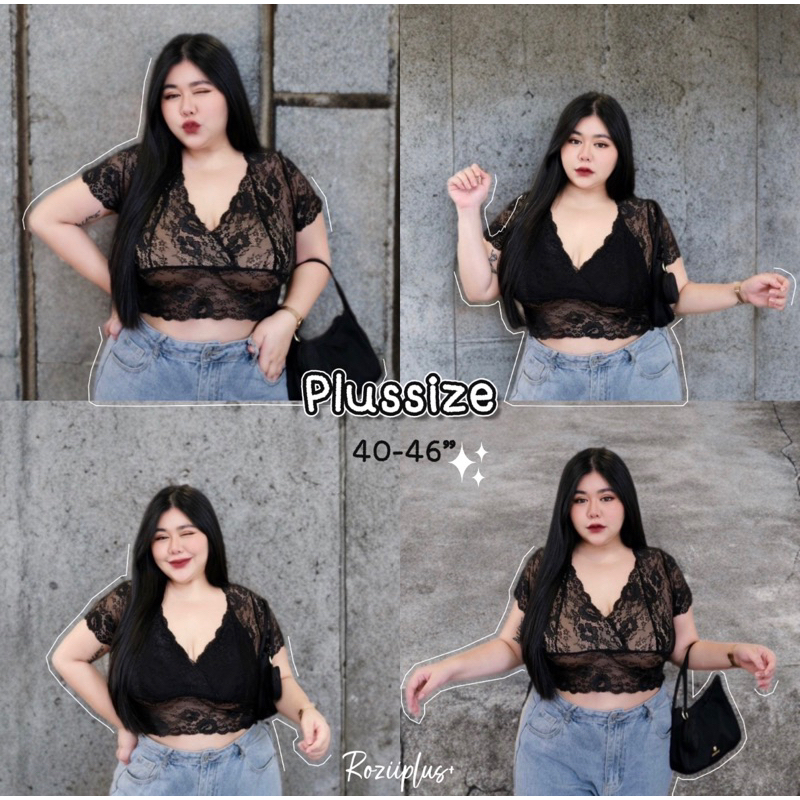 เสื้อครอปลูกไม้คอวี ♥️สาวอวบ♥️ ซับในช่วงเต้า ผ้าลูกไม้เนื้อนิ่ม ยืดเยอะ เก็บทรงสวย