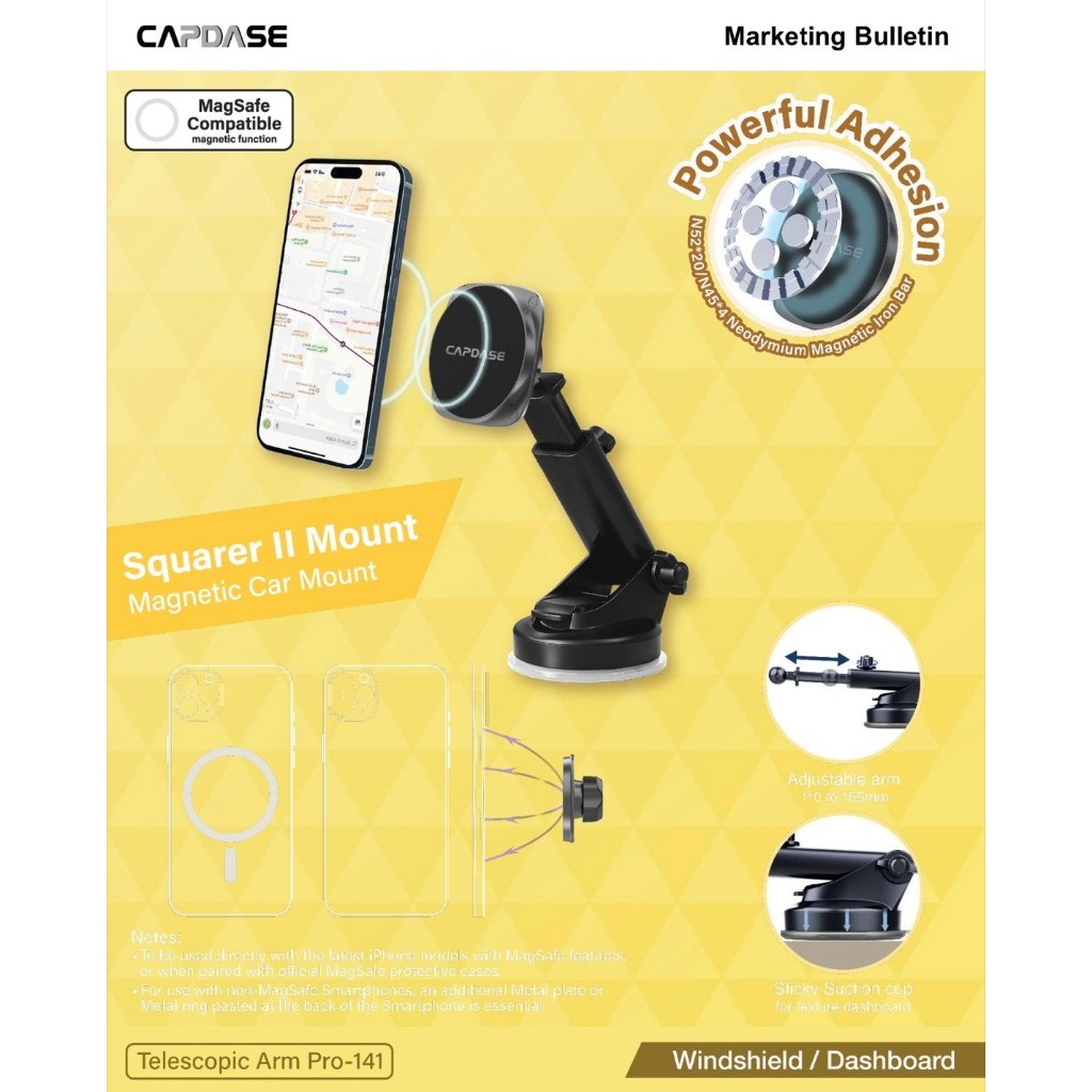 CAPDASE Squarer II Magnetic Car Mount / รุ่น Telescopic Arm Pro-141 / ขาจับโทรศัพท์ในรถแบบแม่เหล็ก (รุ่นอัพเกรด)