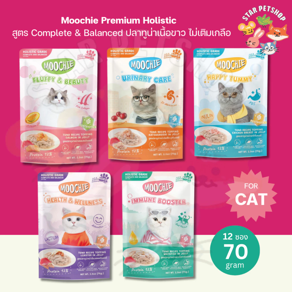 Moochie Premium สูตร Holistic Complete & Balanced จากกปลาทูน่าเนื้อขาว ไม่เติมเกลือ บำรุงสุขภาพ ขนาด 70 g {6และ12ซอง}