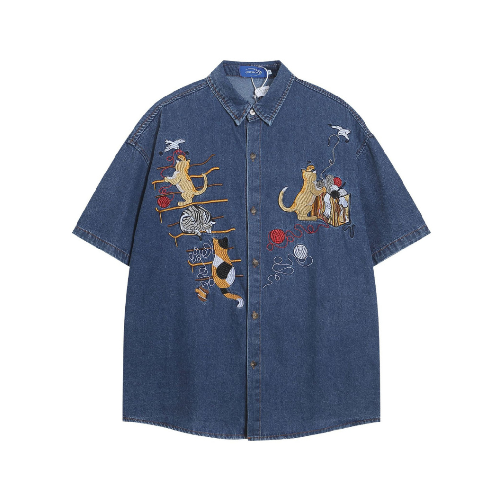 เสื้อเชิ้ตยีนส์งานปักลายแมว Premium Cat lover Korea Shirt Style