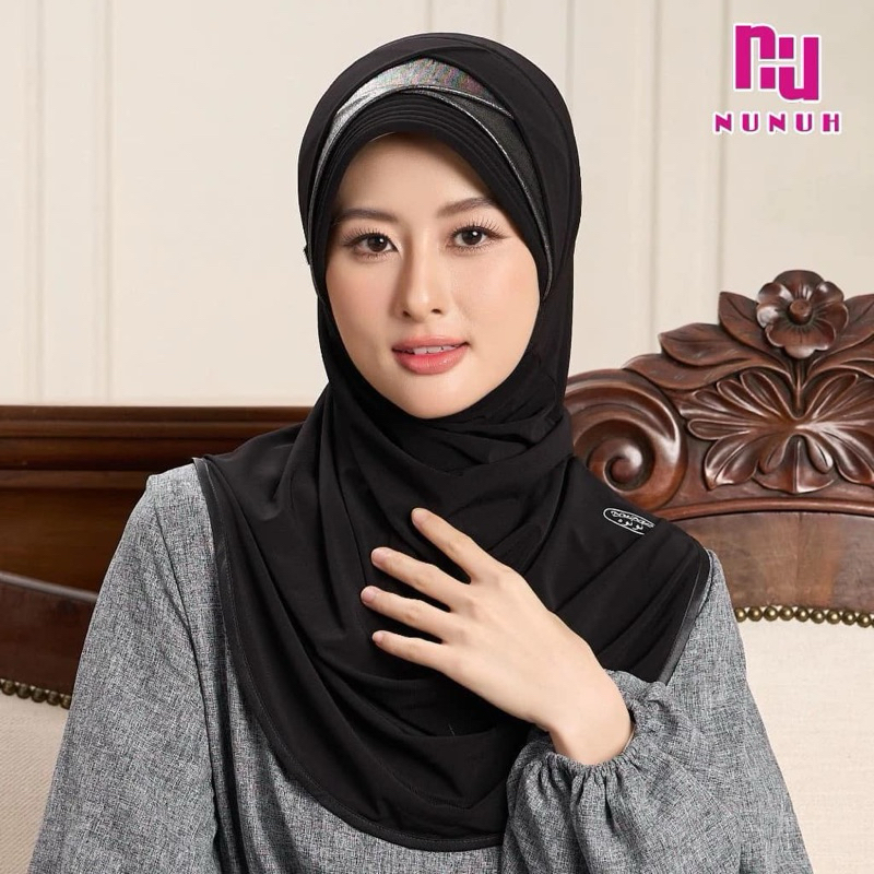 (ไม่อนุญาตน้ำรูปไปใช้) NUNUH ผ้าคลุมผมฮีญาบมุสลิมแบบสำเร็จ ปักNU ทรงไขว้