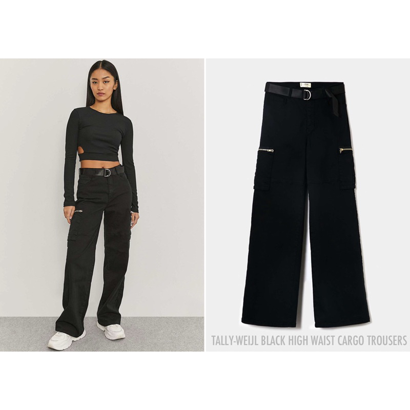 TALLY-WEIJL กางเกงคาร์โก้ เอวสูง ขายาว (ไม่มีเข็มขัด) BLACK HIGH WAIST CARGO TROUSERS (A2405)