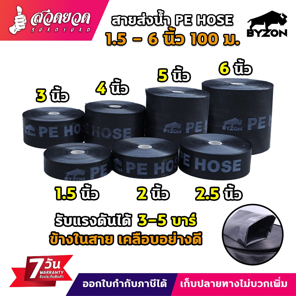 BYZON สายส่งน้ำ PE ขนาด 1.5 - 6 นิ้ว มีความยาว 100 เมตร สายดูดน้ำ สายยางดูดน้ำ สายสูบน้ำ ทนแรงดันได้ดี [รับประกัน 7 วัน]