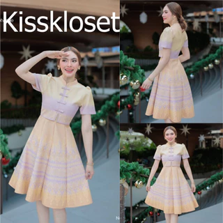 KS731 ชุดเดรสผ้าทอคอจีน แต่งโบว์หน้า กระโปรง8ชิ้น สวยมากๆค่ะ งานอัดกาว ทั้งชุด ทุกชิ้น ซิปซ่อนด้านหลัง (S-5XL)