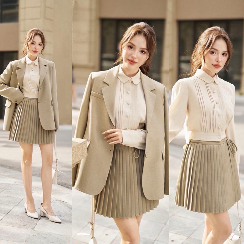 preorder 35 วัน Set 3ชิ้นเสื้อเชิ๊ตคอบัวแขนยาวด้านหน้ามีกระดุมใช้งานและจับจีบที่ตัวเสื้อดีเทลสายผูกเสื้อคลุมสูทแขนยาว