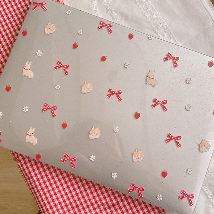 Shesell พร้อมส่ง✨เคส macbook(Glitter)Red ribbion bunny M4 Air13/15 A3241 Pro13 M3 เคสสำหรับแมคบุ๊คใส