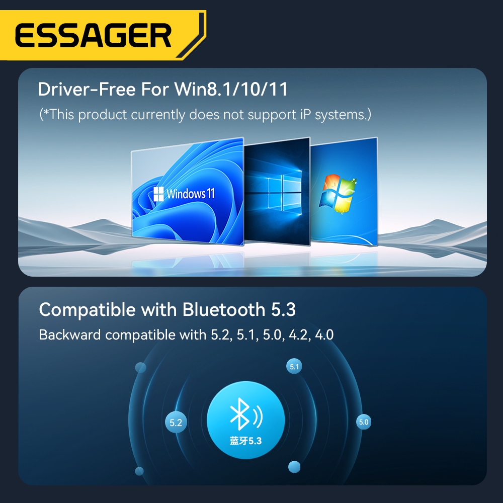 Essager 5.3 อะแดปเตอร์บลูทูธพกพา For Win8.1/10/11