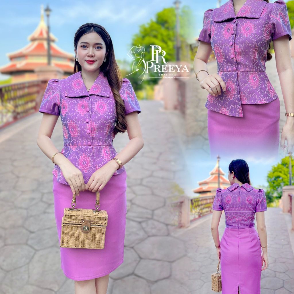 PR124 เดรสผ้าฝ้ายทอลาย ยกแขน อัดกาวทั้งชุด แบรนด์ preeya