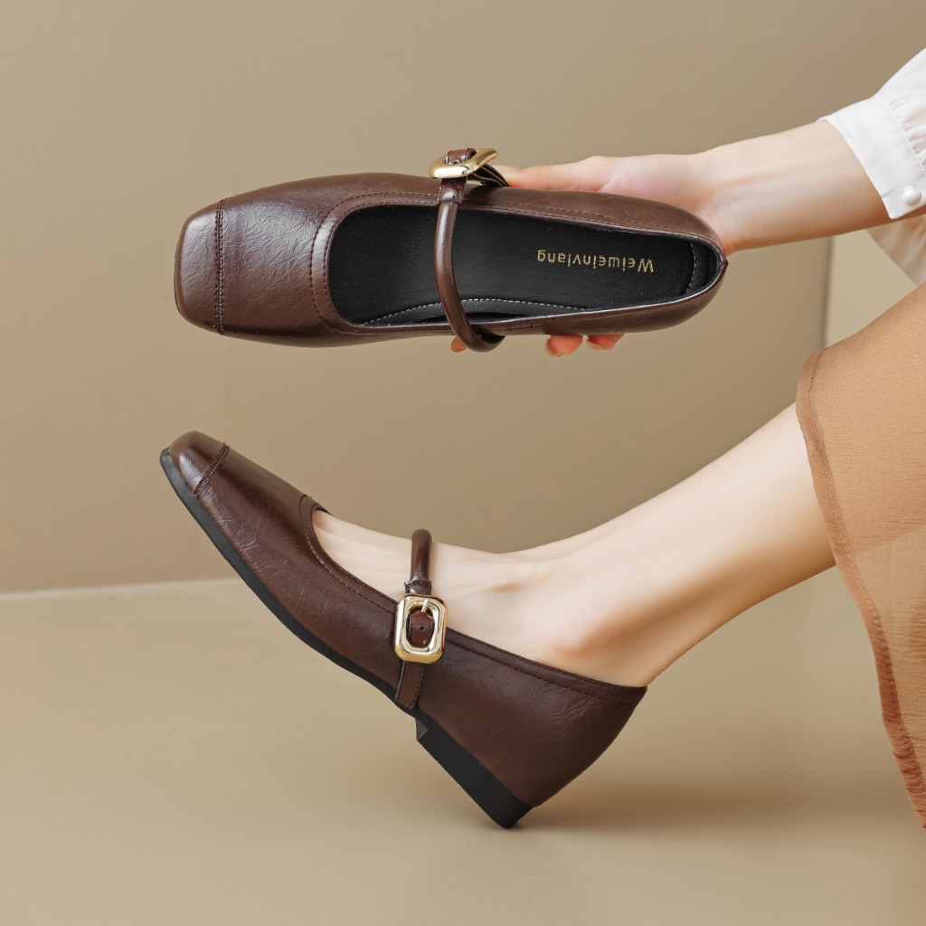 รองเท้าแมรี่เจนวินเทจสไตล์ฝรั่งเศส รองเท้าหนังผู้หญิง หัวสี่เหลี่ยม ปากตื้น สีทึบ