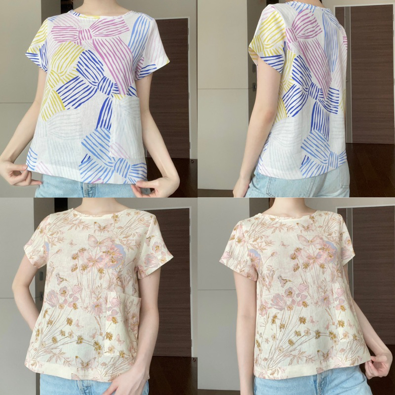 U7เสื้อคอปาดแขนสั้นผ้าลินินพิมพ์ลายสวยๆ