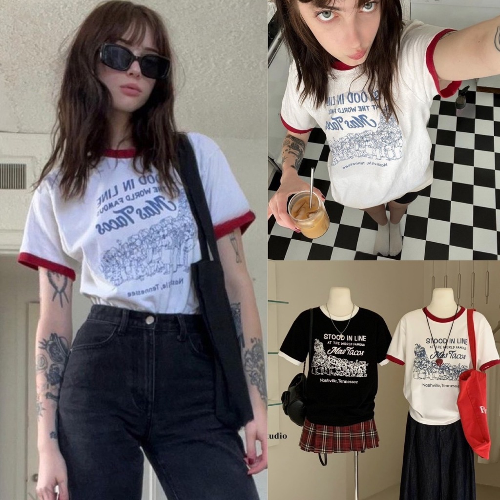 W3340 เสื้อยืดแขนสั้น ลายเก๋ น่ารัก ตัดสีขอบคอและแขน แฟชั่นเกาหลี TAG WG.WE