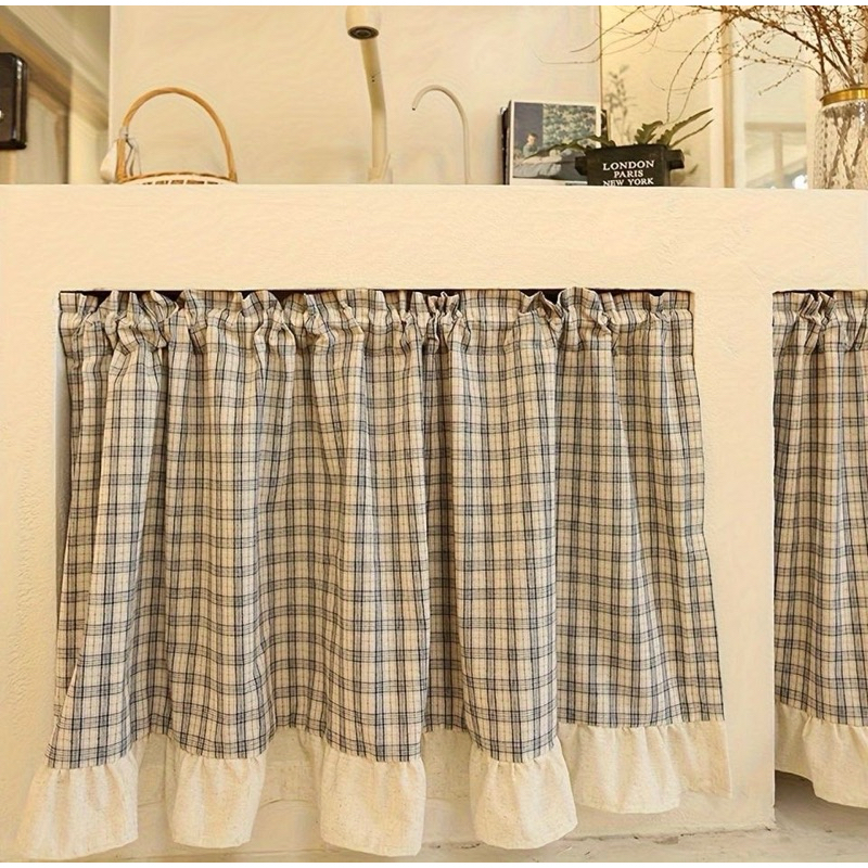 🫎new✨ผ้าม่านเคาท์เตอร์ครัวผ้าฝ้ายสก็อตเส้นคู่ ตกแต่งย่นระบายล่างสีขาว แบบสอดราง ผ้าม่านสั้นมินิมอล