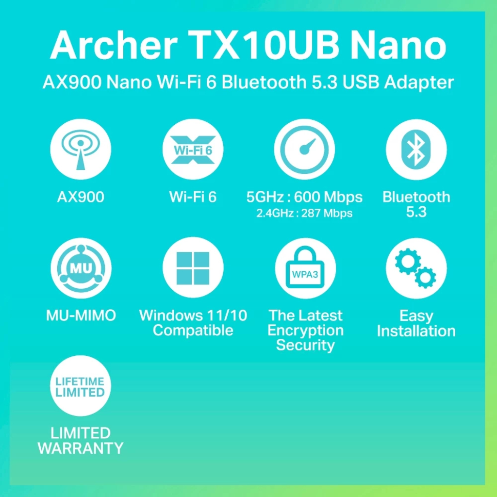 TP-Link Archer TX10UB Nano ยูเอสบีอะแดปเตอร์ บลูทูธ 5.3 AX900 Nano Wi-Fi 6 Bluetooth 5.3 USB Adapter ประกัน Limited Lime