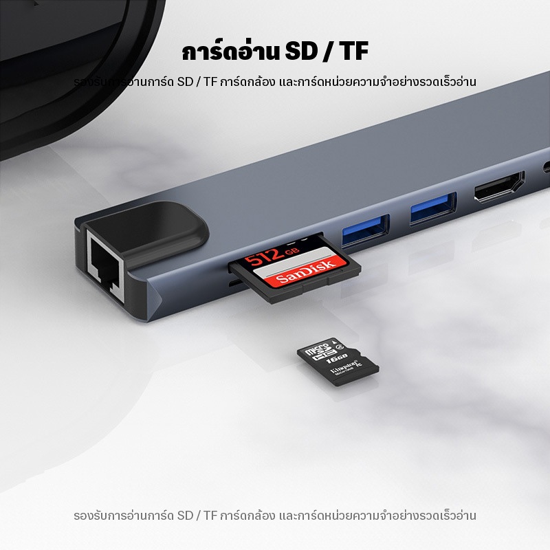 8-in-1 USB C HUB ประเภท C ถึงอะแดปเตอร์HDMI Type-C ถึงUSB 3.0 RJ45 เครื่องอ่านการ์ดPD สําหรับMacbook คอมพิวเตอร์โน้ตบุ๊ค