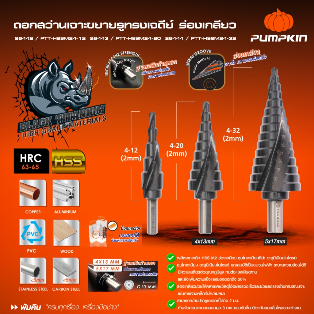 PUMPKIN ดอกสว่านเจาะขยายรูทรงเจดีย์ 5 ขั้น 4-12(2mm)9 รูปที่ 7