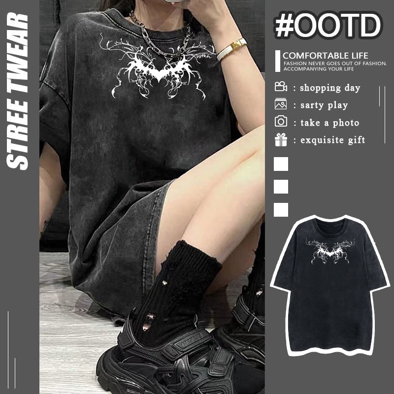 เสื้อยืดฟอก oversize เสื้อยืดชายเท่ๆ เสื้อยืด แฟชั่น เสื้อสีฟอก วินเทจ cotton100% พิมพ์ลาย สไตล์เกาหลี เหมาะกับวัยรุ่น